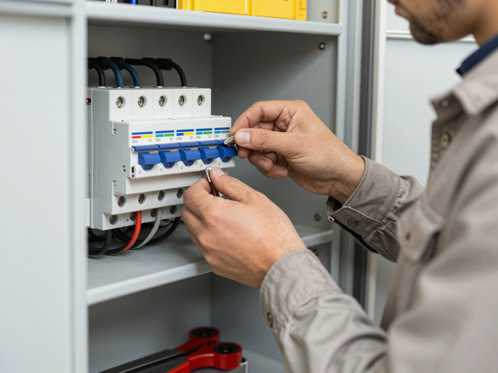 Electrician working on circuit breaker panel